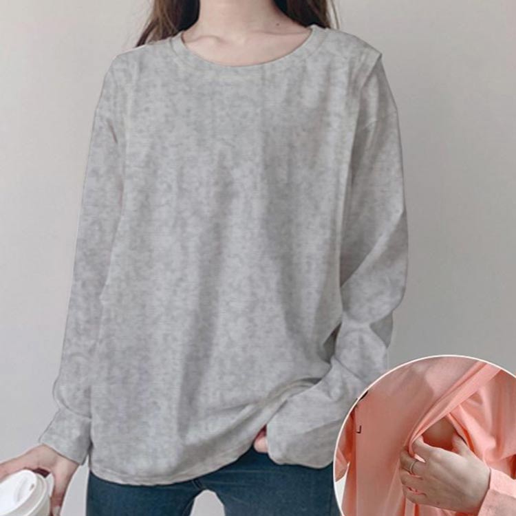 クルーネック 秋 春 長袖 丸首 トップス 無地 授乳Tシャツ 出産準備 丸首 Tシャツ ...