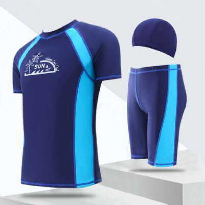 フィットネス水着 メンズ ラッシュガード 水着 水泳帽 上下セット 半袖 水泳 スイムウェア 3点セット