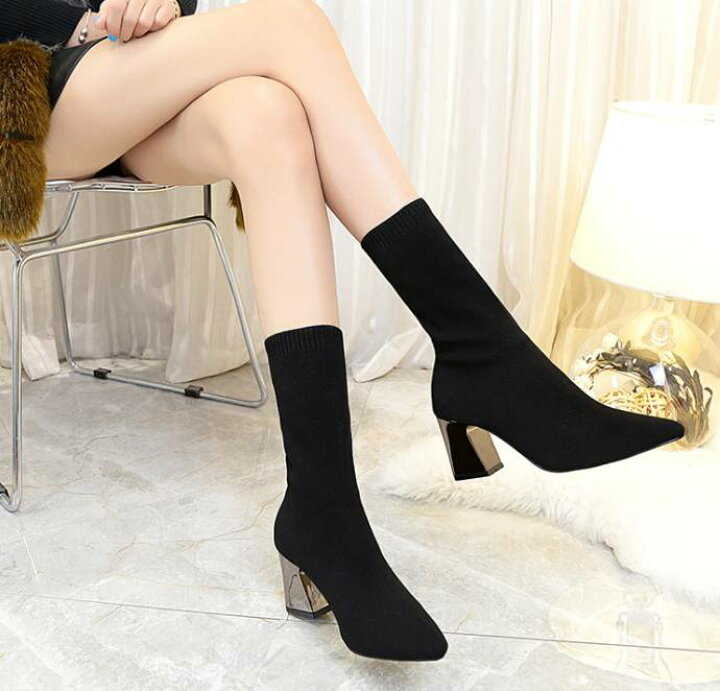 ブーツ レディース ショートブーツ 黒 ソックスブーツ ストレッチブーツ 太めヒール ミドルブーツ ヒールブーツ 美脚 黒シューズ 靴 レディースブーツ 秋冬