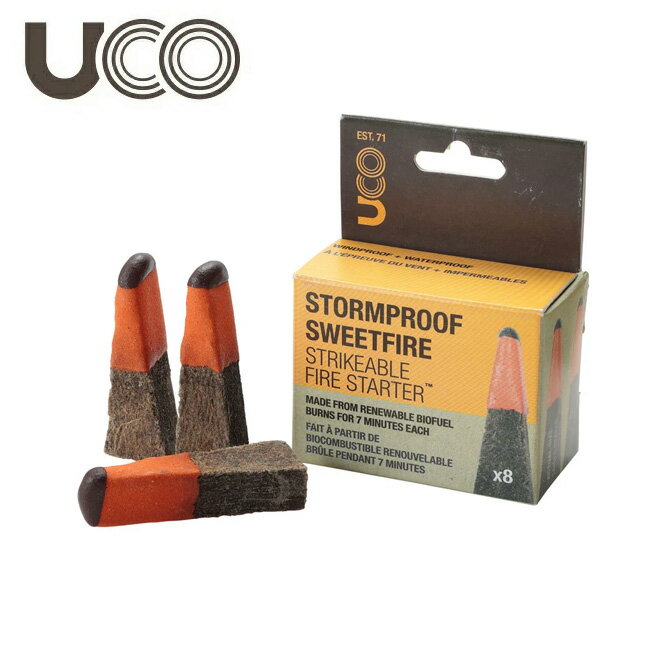 メーカー希望小売価格はメーカーカタログに基づいて掲載していますSpec ブランド名 UCO ユーコ 商品名 ストームプルーフ スイートファイヤー(8本入) メーカー型番 27177 サイズ カラー 詳細 &nbsp; サトウキビの搾りかすであるバガスを原料にして作ったエコな着火材。風と濡れに強く、いかなる状況でも優れた焚付として活躍します。1個で約7分間燃焼します。気軽に使える8個入が登場。【素材】サトウキビ、ベジタブルワックス ------------------------------------------------------------ ※モニタやPC環境等により実物と多少色合いが異なって見える場合もございます。 ※外箱がある商品につきましては生産、運搬の過程上、商品の箱(外箱)に多少の汚れや、破れ等が生じる場合がございます。 予めご了承の上お買い求め頂きます様、よろしくお願いいたします。 ※パターン生地を使用している商品によってはパターン位置に個体差がございます。予めご了承下さい。 ※一部商品画像にメーカー提供画像を使用している商品もございますので、仕様が予告なく変更される場合がございます。 ※複数のショッピングモールで同時販売しておりますので、在庫切れになってしまう場合がございます。 厳重に注意し在庫システムで管理を行っておりますが、お買い上げいただいた商品が品切れになってしまう場合がございます。 また、人気商品に関しましても複数のお客様が一度に購入を行い、在庫の反映が間に合わずご購入できてしまう場合がございます。 その際はお客様には必ずご連絡をさせていただきますが、万が一入荷予定がない場合はキャンセルさせていただく場合がございます。 大変申し訳ございませんがあらかじめご了承ください。 ※メール便発送対象商品に関しましては、メール便規定料金にてお送りします。 ※ガス缶などをご使用いただく商品の場合、同メーカーのものをご使用いただくことを推奨しております。製品不良などが起こった場合、保証対象外となる場合がございます。 ------------------------------------------------------------