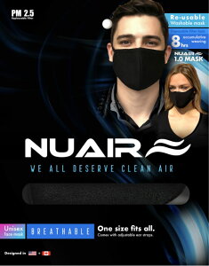 NUAIR MASK・ヌエアー マスク/ BLACK・ブラック ( マスク 3D 立体 洗える 男女兼用 サイズ調整可能 フィルター PM2.5 シームレス スタイリッシュ ユニセックス ワンサイズ )