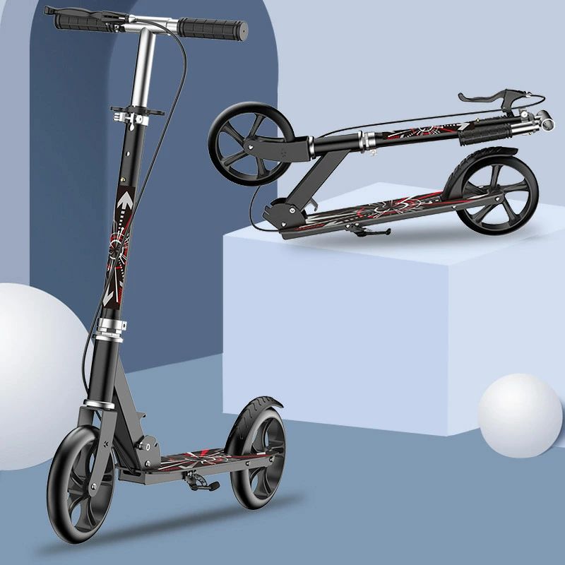 子供/大人 スタンド付き 立ち乗り式二輪車 8インチタイヤ フット/ハンドブレーキ 4段階高さ調整 折りたたみ式 キックスクーター