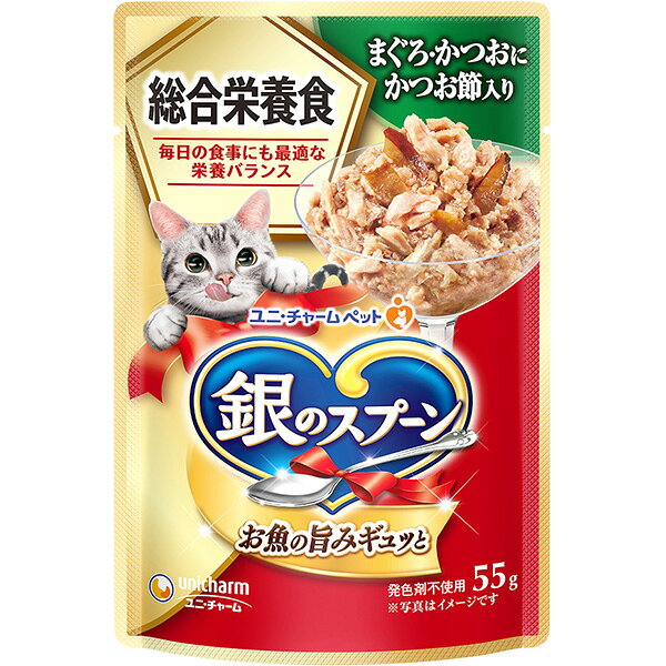 ・毎日の食事にも最適な栄養バランスの総合栄養食 ・たっぷりの身とうまみで抜群のおいしさを実現 ＜総合栄養食＞ 【 原材料 】 魚介類(かつお、まぐろ、かつお節、あじ、フィッシュエキス)、油脂類、チキン、小麦グルテン、酵母エキス、卵パウダー、増粘安定剤(加工でん粉、増粘多糖類)、調味料、ミネラル類(Ca、Cl、Cu、Fe、l、K、Mg、Mn、Na、P、Se、Zn)、ビタミン類(A、B1、B2、B6、B12、D、E、K、コリン、ナイアシン、パントテン酸、ビオチン、葉酸)、アミノ酸類(タウリン) 【 保証分析値 】 タンパク質：8.0％以上、脂質：3.0％以上、粗繊維：0.5％以下、粗灰分：3.5％以下、水分：85.0％以下 【 代謝エネルギー 】 約75kcal/100gあたり 【 メーカー名 】 ユニ・チャーム 【 JANコード 】 4520699689530