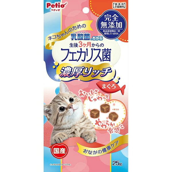 ネコちゃんのための乳酸菌 フェカリス菌を配合。まぐろの濃厚な旨みがじゅわっと広がる、しっとりやわらかレトルト仕上げ。ひとくちサイズで生後3ヶ月の子ネコにもオススメ！気になる添加物 完全無添加。 【 原材料 】 魚介類（まぐろ・かつお・まぐろエキス）、鶏ササミ、小麦粉、オリゴ糖、酵母エキス、殺菌乳酸菌（フェカリス菌） 【 保証分析値 】 たん白質：17.5％以上、脂質：1.0％以上、粗繊維：0.5％以下、灰分：6.0％以下、水分：65.0％以下 【 代謝エネルギー 】 159kcal/100g 【 原産国 】 日本 【 メーカー名 】 ペティオ 【 JANコード 】 4903588146299
