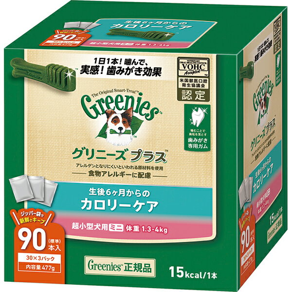 日本の愛犬のための設計された噛むことで歯垢を落とす歯磨き専用ガムです。市場の約半数を占める超小型犬用（4kg以下）にお得な90本入りを提供し、オーラルケアの習慣化を促進します。大容量でも、ジッパーのついた個装パックで鮮度をキープします。カロリーケアは体重管理が気になる愛犬のためにカロリー4％オフ（成犬比）。 ＜総合栄養食＞ 【 原材料 】 小麦粉、小麦タンパク、セルロース、ゼラチン（豚由来）、タンパク加水分解物、グリセリン、レシチン、L-カルニチン、ビタミン類（A、B1、B2、B6、B12、D3、E、コリン、ナイアシン、パントテン酸、ビオチン、葉酸）、ミネラル類（カリウム、カルシウム、クロライド、セレン、マグネシウム、マンガン、ヨウ素、リン、亜鉛、鉄、銅）、着色料（スイカ色素、ゲニパ色素、ウコン色素） 【 保証分析値 】 粗たんぱく質：30.0％以上、粗脂肪：5.5％以上、粗繊維：11.0％以下、粗灰分：5.0％以下、水分：15.0％以下 【 代謝エネルギー 】 15kcal/1本 【 原産国 】 アメリカ 【 製造日からの賞味期限 】 18ヶ月 【 メーカー名 】 ニュートロ 【 JANコード 】 4902397845959