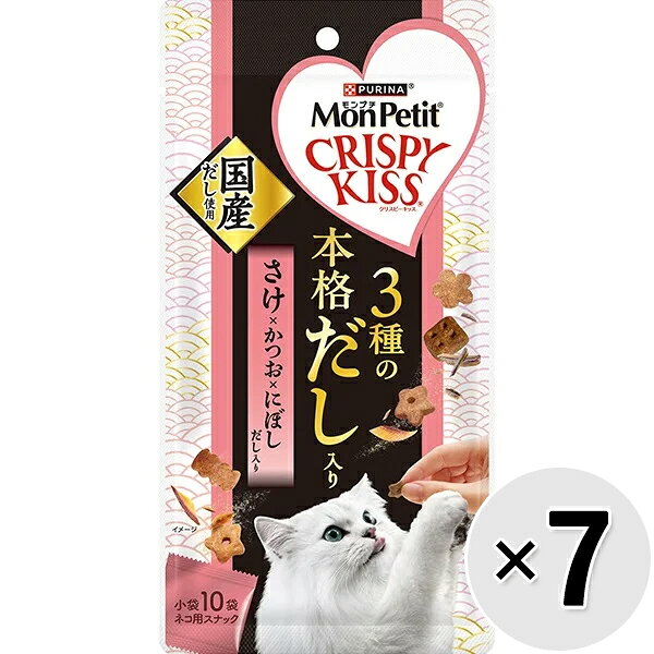 お魚を第1主原料に使用した、香り広がるクリスピーなおやつ。厳選した鮭だし・かつおだし・にぼしだしの3種をブレンド。魚介由来の贅沢なだしの香りと旨味が広がる美味しさ。 【 原材料 】 白身魚、チキン、米、チキンミール、牛脂、大麦、えんどう豆でんぷん、とうもろこしたんぱく、たんぱく加水分解物、酵母、キャッサバ粉、かつおだしパウダー、小魚（にぼし）、モルトエキス、かつお節、ぶどう糖、ポークエキス、かにパウダー、さけだしパウダー、ミネラル類（カルシウム、カリウム、ナトリウム、クロライド、鉄、銅、マンガン、亜鉛、ヨウ素、セレン）、酸味料、アミノ酸類（グリシン、タウリン）、ビタミン類（A、D、E、K、B1、B2、パントテン酸、ナイアシン、B6、葉酸、ビオチン、B12、コリン、C）、着色料（食用赤色40号、食用青色2号、食用黄色4号、食用黄色5号）、酸化防止剤（ブチルヒドロキシアニソール、ジブチルヒドロキシトルエン、ミックストコフェロール） 【 保証分析値 】 たんぱく質：29％以上、脂質：15％以上、粗繊維：4％以下、灰分：9％以下、水分：8％以下 【 代謝エネルギー 】 約402kcal/100g 【 原産国 】 アメリカ 【 製造日からの賞味期限 】 18ヶ月 【 メーカー名 】 ネスレピュリナ 【 JANコード 】 4902201219006