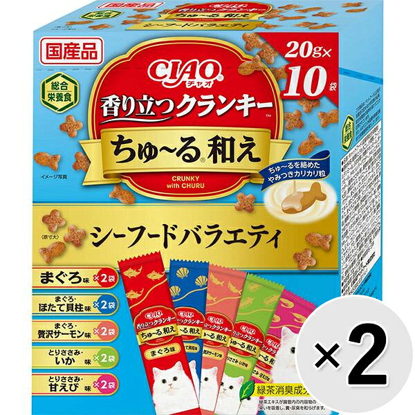 猫ちゃんの好きなちゅ〜るを、カリカリ粒に絡ませました。 ＜総合栄養食＞ 【 原材料 】 穀類（とうもろこし、小麦粉、コーングルテンミール、ふすま等）、肉類（チキンミール、ポークミール、チキンレバーパウダー、チキンエキスパウダー、鶏肉（ささみ）等）、動物性油脂、豆類（脱脂大豆）、酵母エキス、セルロース、魚介類（まぐろ節パウダー、まぐろ、いか、甘えび、サーモン、ほたてエキス、ほたて貝柱、鮭エキス、いかエキス、えびエキス、まぐろエキス等）、タンパク加水分解物、酵母、糖類（オリゴ糖等）、野菜類（にんじんパウダー、かぼちゃパウダー、ほうれん草パウダー等）、植物性油脂、ミネラル類（Ca、P、K、Na、Cl、Mg、Fe、Cu、Mn、Zn、I、Co）、ビタミン類（A、B1、B2、B6、B12、C、D3、E、K3、コリン、ナイアシン、パントテン酸、葉酸、ビオチン）、アミノ酸類（メチオニン、リジン、タウリン）、緑茶エキス、酸化防止剤（ミックストコフェロール、アスコルビン酸等）、増粘安定剤（加工でん粉、増粘多糖類）、調味料（アミノ酸）、紅麹色素 【 保証分析値 】 たんぱく質：26.5％以上、脂質：9.0％以上、粗繊維：5.0％以下、灰分：8.5％以下、水分：10.0％以下 【 代謝エネルギー 】 約70kcal/袋 【 原産国 】 日本 【 製造日からの賞味期限 】 18ヶ月 【 メーカー名 】 いなばペットフード 【 JANコード 】 4901133403170