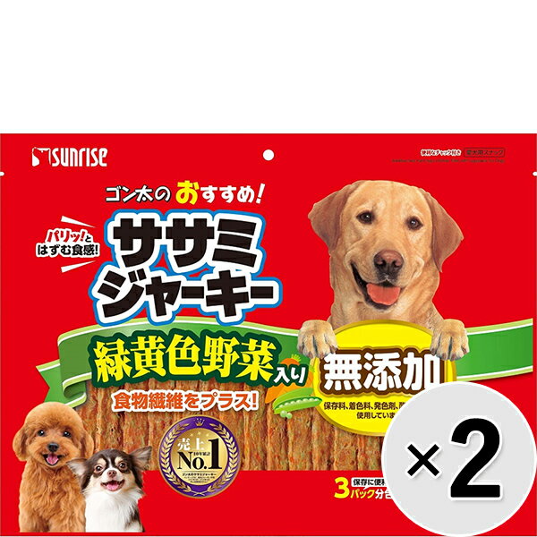 鶏肉の中でも特に低脂肪な鶏ササミを使用したササミジャーキーに緑黄色野菜が入った嗜好性の高いスナックです。手軽においしく野菜を与えられるので、毎日の健康維持にお役立ていただけます。 【 原材料 】 肉類（鶏ササミ等）、野菜類（にんじん、グリーンピース等）、でん粉類、豆類、増粘安定剤（グアーガム、グリセリン）、保存料（デヒドロ酢酸ナトリウム） 【 保証分析値 】 たん白質：50.5％以上、脂質：1.0％以上、粗繊維：4.5％以下、灰分：9.0％以下、水分：15.0％以下 【 原産国 】 中国 【 製造日からの賞味期限 】 18ヶ月 【 メーカー名 】 サンライズ 【 JANコード 】 4973321932656