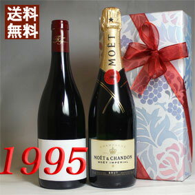 【送料無料】 1995年 赤ワイン と超有名シャンパン　モエ（白）の2本セット（無料ギフト包装） ブルイィ [1995] フランス ワイン ・赤 [1995] 平成7年 誕生年 ビンテージワイン ヴィンテージワイン 生まれ年ワイン