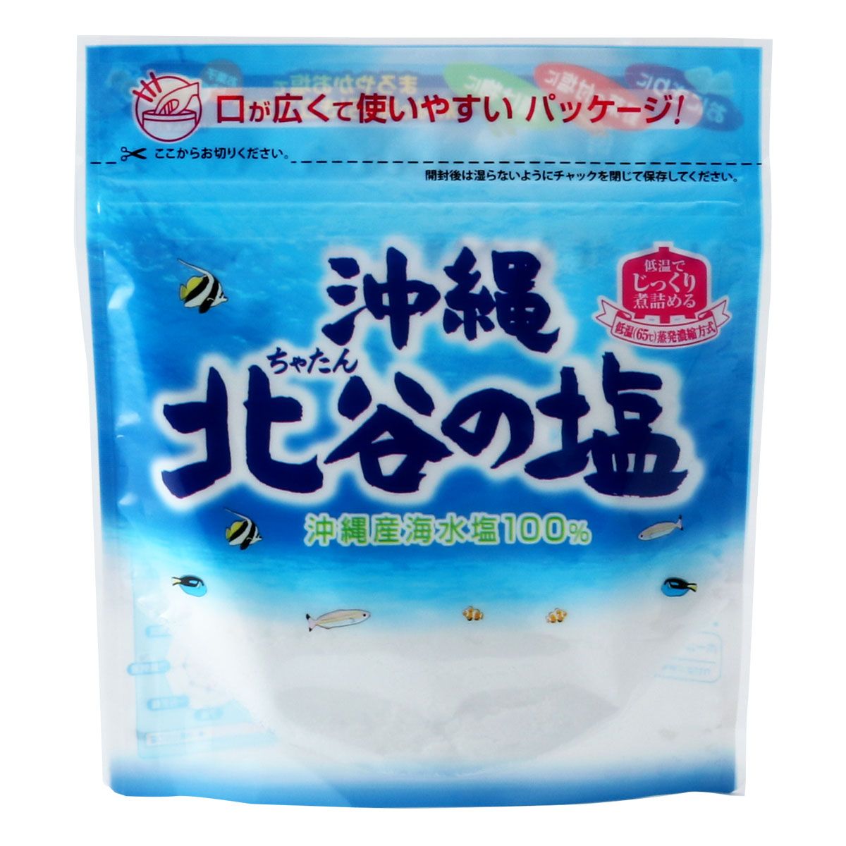 【商品説明】沖縄産海水塩100%の塩です。 「ちゃたんの塩」は、沖縄県北谷町沖の海水を65℃の低温でじっくり煮詰める蒸発濃縮方式で作られた、甘みがあり、まろやかな風味のやさしいお塩です。 まろやか塩が素材の味を引き立てます。おにぎりに、野菜のつけ塩に、漬け物にお楽しみください。【原材料】海水(沖縄県北谷町) 工程：逆浸透膜、立釜 サイズ：約3.00×14.00×15.50mm重量：約157.00g 原産地：日本保存方法：常温アレルギー：なし