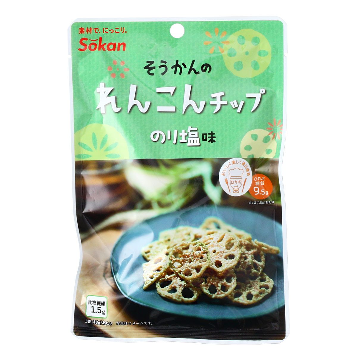 【商品説明】れんこんを軽いチップに仕上げ、ふんわりとのりの風味を効かせました。 カリカリ食感が癖になる、食べきりサイズのれんこんチップのり塩味です。 お酒のおつまみとしてはもちろん、小腹満たしのおやつにも美味しくお召し上がりいただけます。現代人に不足がちな食物繊維もたっぷり含まれています。【原材料】水煮れんこん(れんこん(中国産))、植物油脂、でん粉、食塩、食物繊維、のり塩シーズニング/調味料(アミノ酸等)(一部に小麦・大豆・ごまを含む) サイズ：約2.00×12.00×18.00mm重量：約23.00g 原産地：中国保存方法：常温賞味期限日数：180日アレルギー：小麦、大豆、ごま