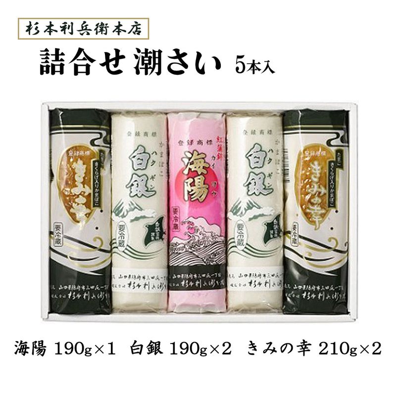 【杉本利兵衛本店】潮さい5本入 白銀190g×2、きみの幸210g×2、海陽190g×1 / ギフト 贈り物 詰合せ かまぼこ ちくわ 山口県 防府市 魚 練り物 白銀本舗 老舗 宮内庁御用 白銀 水産練製品 竹輪 蒲鉾 カマボコ セット商品 お祝い