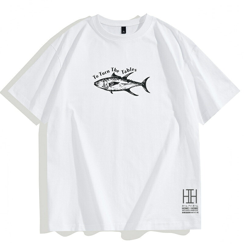 tシャツ メンズ 半袖 ヘビーウェイト 綿100 プリント クルーネック アメカジ 魚 メッセージ ロゴt 夏 丸首 おしゃれ