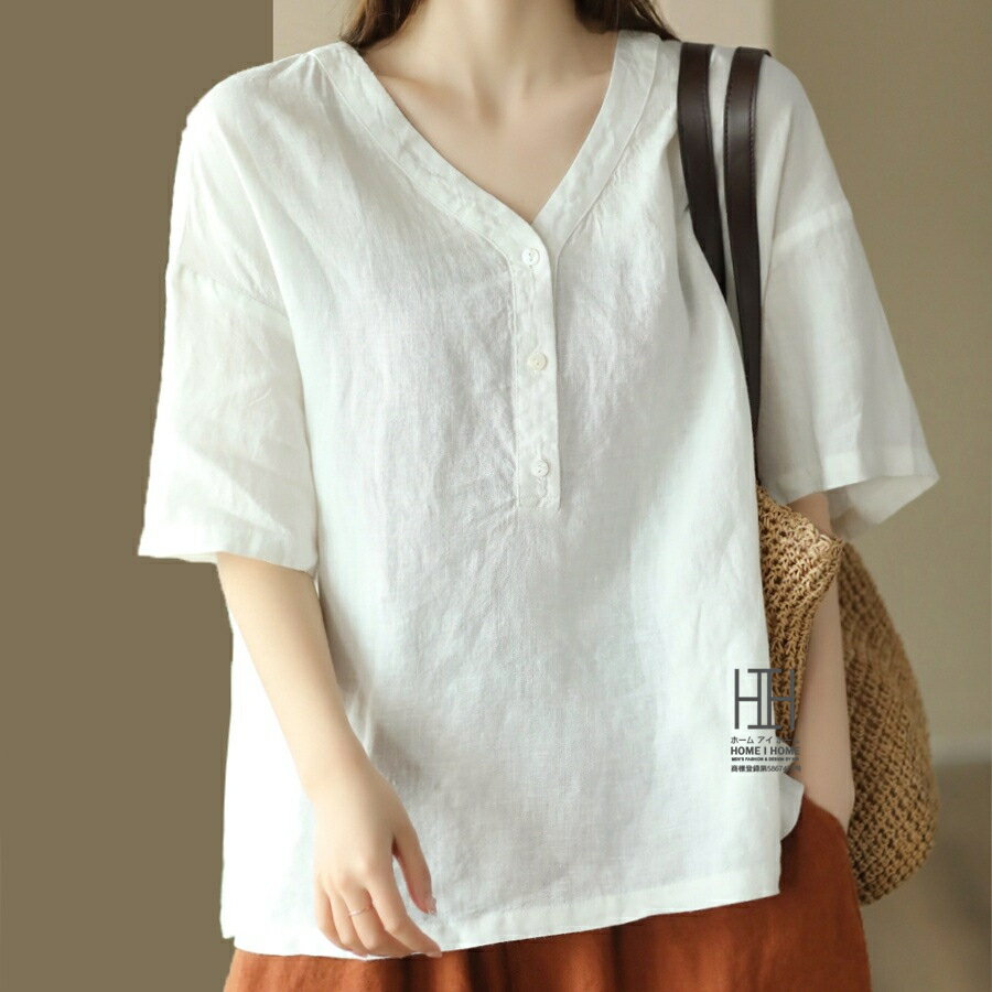 3-Quarter Sleeves - リネン風シャツ ブラウス レディース トップス シャツ 五分袖 Vネック 体型カバー 涼しい リネンタッチ プルオーバーシャツ ゆったり 大きいサイズ 着痩せ
