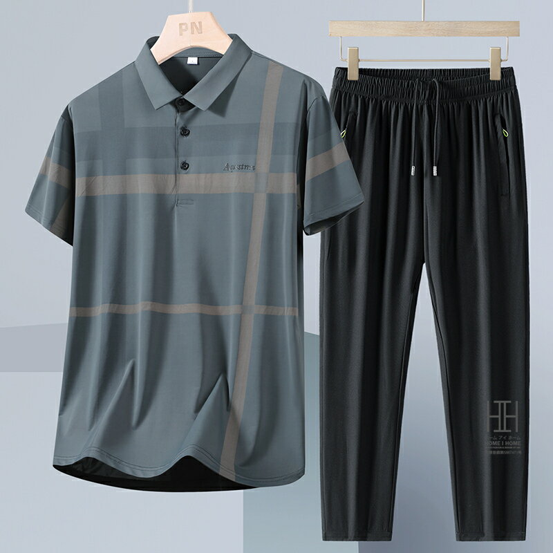 ゴルフウェア 上下セット 半袖ポロ イージーパンツ メンズ ゴムウェスト ドライ ひんやり ストレッチ チェック柄 ライン入り ワンポイント 吸汗速乾 おしゃれ