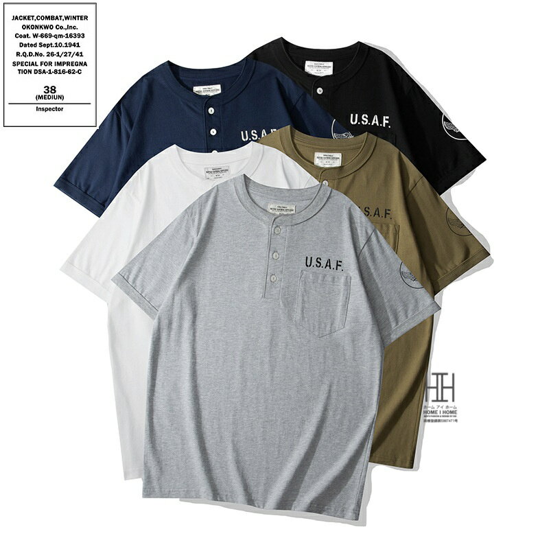 Rakuten - ヘンリーネックtシャツ ポケット メンズ 半袖 ポケット付き USAF プリント ミリタリー バイカー アメカジ 綿100 おしゃれ かっこいい カジュアル 無地 春 夏