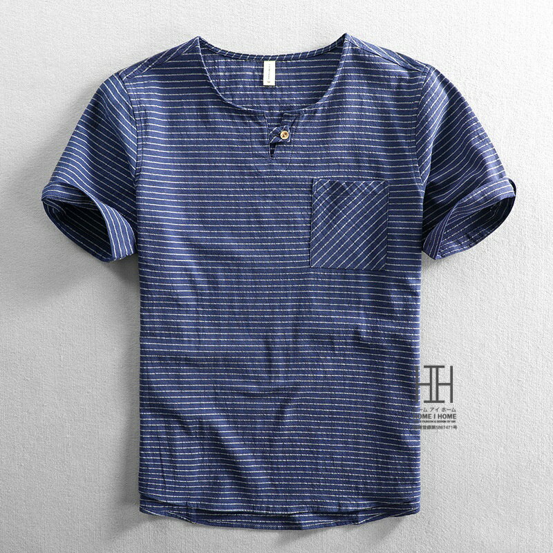ボーダー柄Tシャツ 半袖 シャツ メンズ ボーダー tシャツ プルオーバーシャツ キーネック ポケット付き おしゃれ 大きいサイズ 綿 リネン風 メンズシャツ
