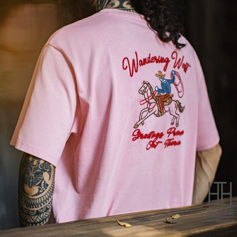 ヘビーウェイトtシャツ メンズ クルーネック 半袖Tシャツ アメカジ おしゃれ チェーン刺繍 大きいサイズ 春 夏 レトロ ピンク 個性