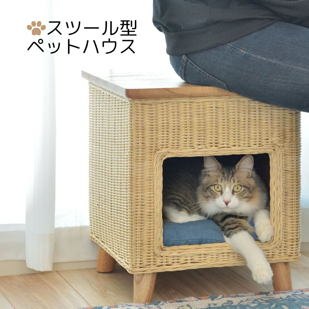 ペットハウススツールペットハウス ペットベット 犬 猫 ペット クッション付き 脚付き 天然木 かわいい 収納 スクエア 椅子 ペットハウススツール スツール テーブル ペットハウス犬 猫 ペット クッション付き 脚付き 木製 ラタン 籐 かわいい 収納 スクエア