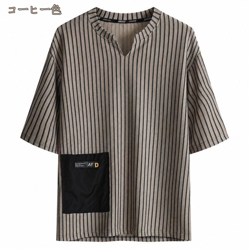 500円OFFクーポン 大きいサイズ メンズ 体型カバー 着痩せ キーネック Tシャツ ストライプ 半袖 カットソー ゆったり カジュアル トップス ぽっちゃり おしゃれ 夏服 サマーニット フレンチフロント hikari-plus hikari-plus-10075261 HIKARIplus サンプル画像2
