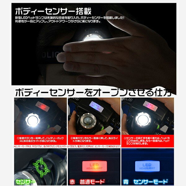 ヘッドライト 充電式 防水 釣り 登山 led作業灯 懐中電灯 CREEチップ センサー点灯 3モード発光 アウトドア 防災 1個売り 送料無料 2021年1月改良版 HIKARI通販格安セール情報 楽天 通販