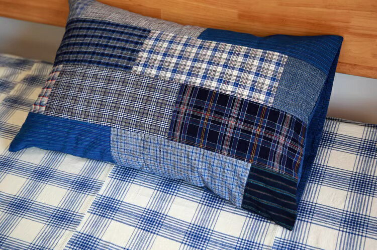 手仕事 藍染 信封式ピローケース 2枚セット パッチワーク 枕カバー 75×48cm オーガニック感 植物染 小..