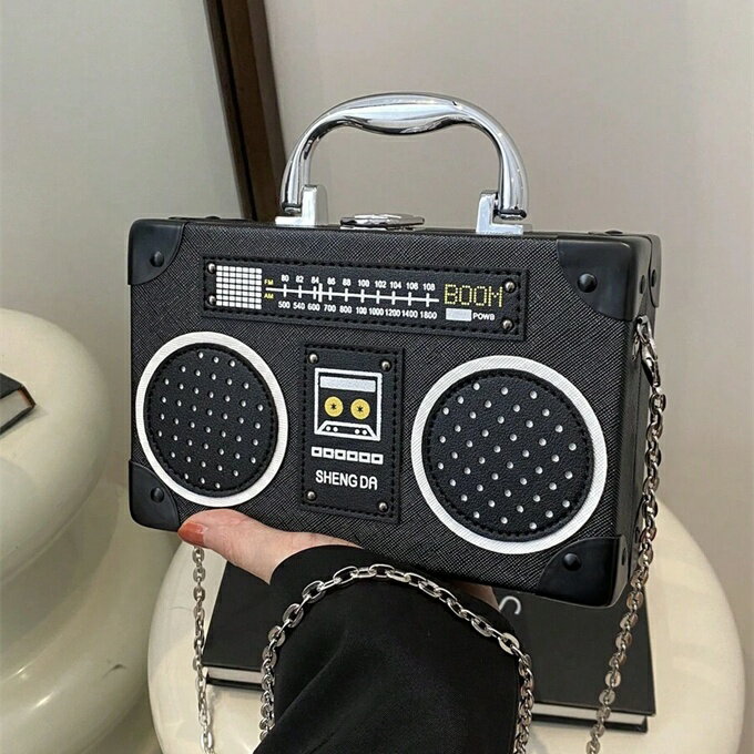 1個 ラジオ型ハンドバッグ、ファッショナブルな音楽エレメントボックスデザイン レディースバッグ、ス..