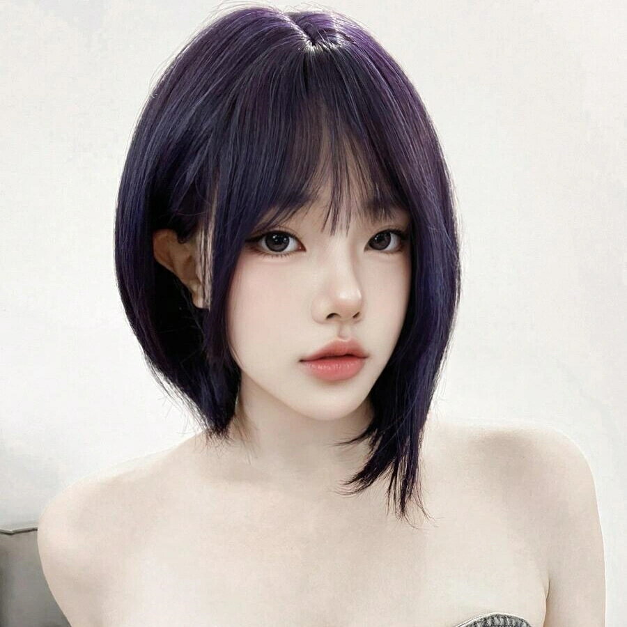 合成耐熱性ブルーバングスウィッグ、長さ12インチ、日用繊維製、自然で現実的なウィッグ