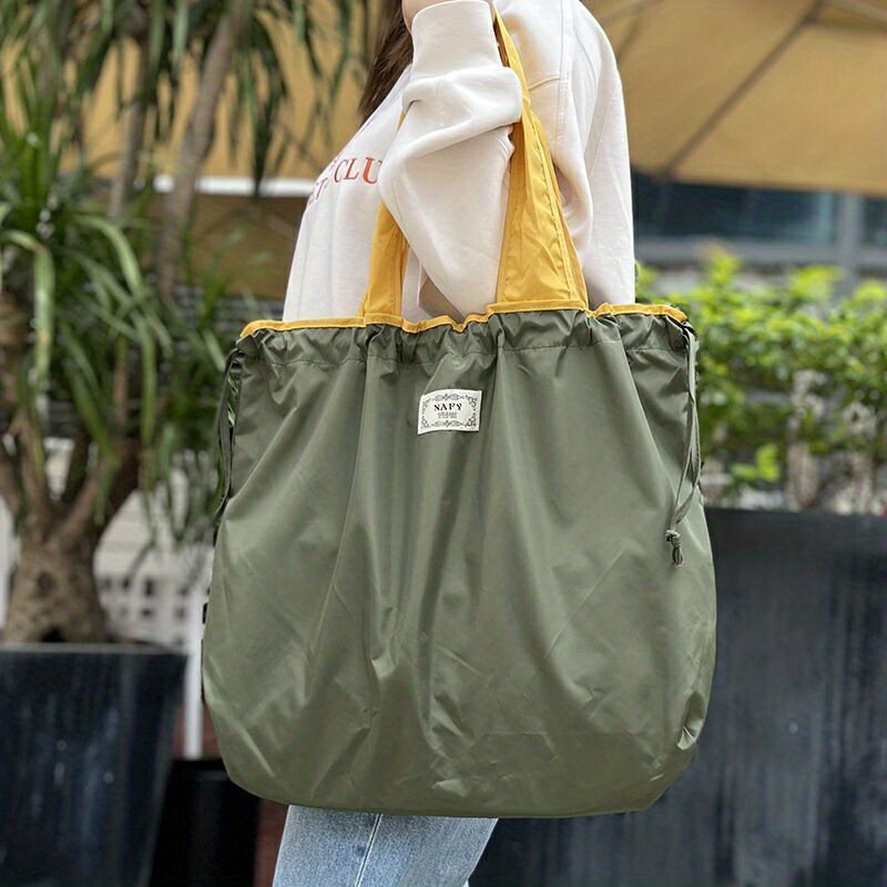 大容量折りたたみナイロン手提げバッグ、ドローストリングクロージャー付き、軽量ショッピング・旅行・..