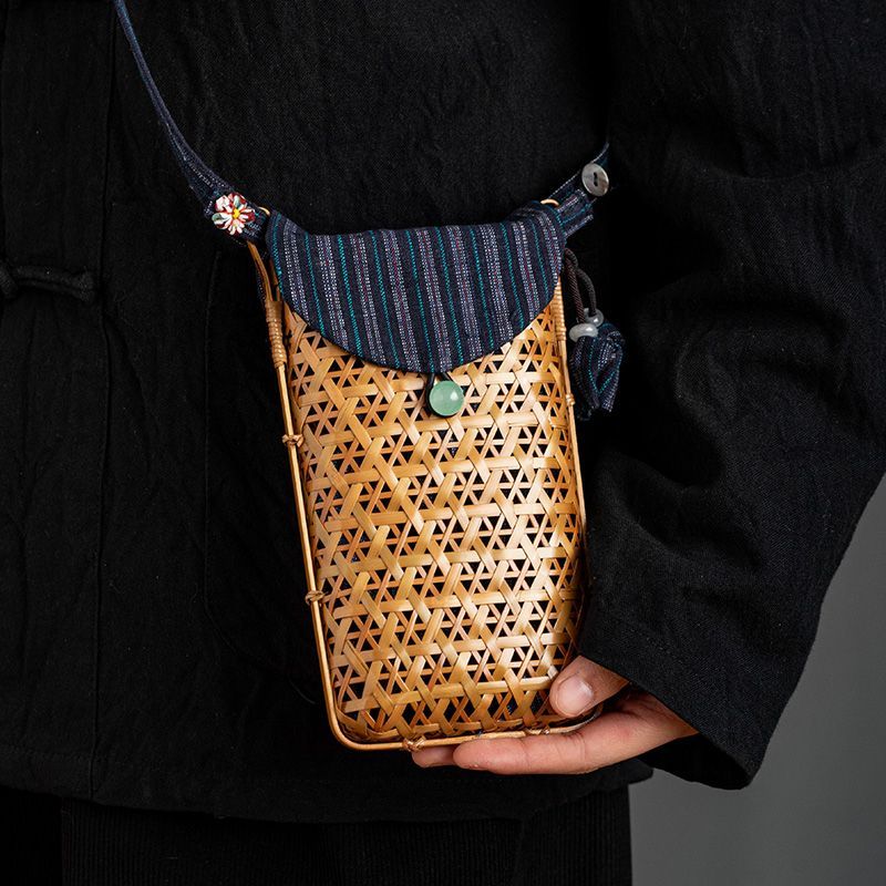 手作り竹編みスマホポーチ｜籠 かご バッグ 職人手作 自然素材 ショルダーバッグ スマホバッグ ミニポ..