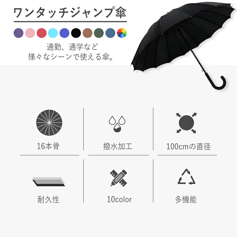 長傘 メンズ レディース 手開け 傘 16本骨 丈夫 軽量 ワンタッチ 紳士傘 雨傘 大き...