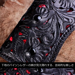 【mudmonkey】レザーウォレット透かし彫り長財布レッドパイソン/オニキス/ブラックレザー/コンチョNEO-TD