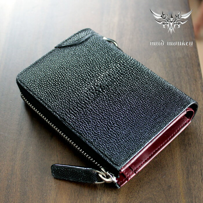 バイカーズウォレット ファスナー財布 スティングレイハーフ/ブラックINSIDE Red