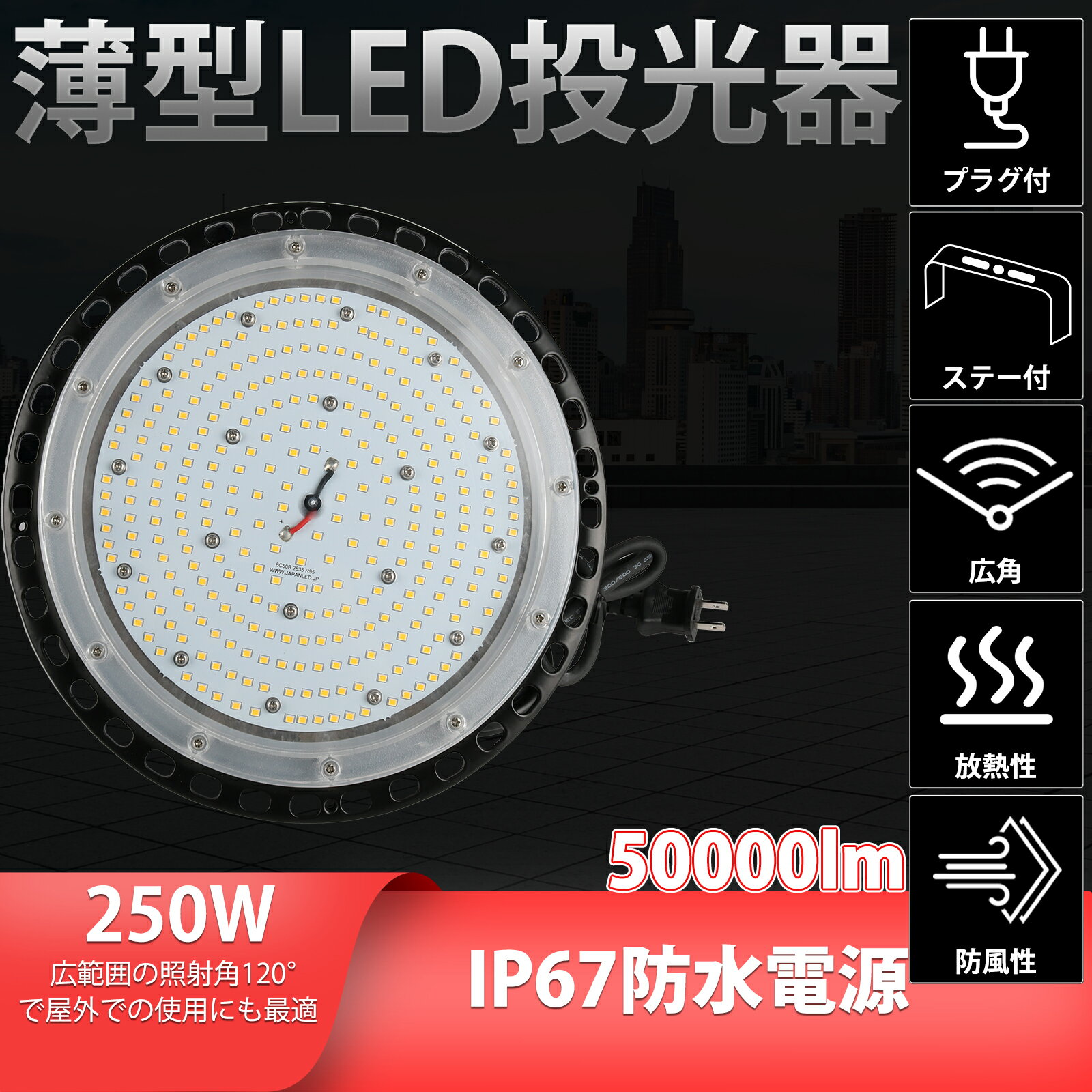 P2倍 ＼超人気★ライト／ 投光器 led作業灯 led投光器 250w 50000LM 5mコード付 120度照射 昼光色 PSE 防水防塵 LEDワークライト 「1個売り」送料無料 2年保証 業界独自安全第一対策 明るさ保証