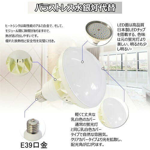 Par56 バラストレス水銀灯代替 550W相当 E39 IP65 防水/防雨/防塵 8000LM 50W 無騒...