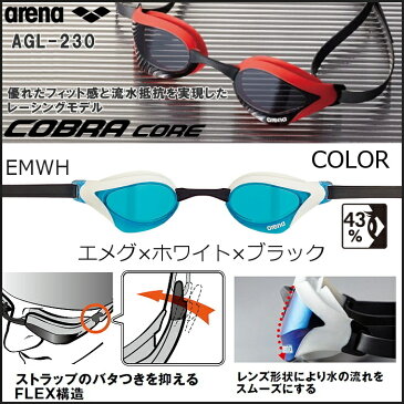 【クーポン利用で更にお値引き】スイミングゴーグル arena(アリーナ) グラスコブラコア レーシング ゴーグル 水泳 競泳 アリーナ ARENA COBRA CORE FINA承認 クリアゴーグル クッション付き AGL-230-EMWH
