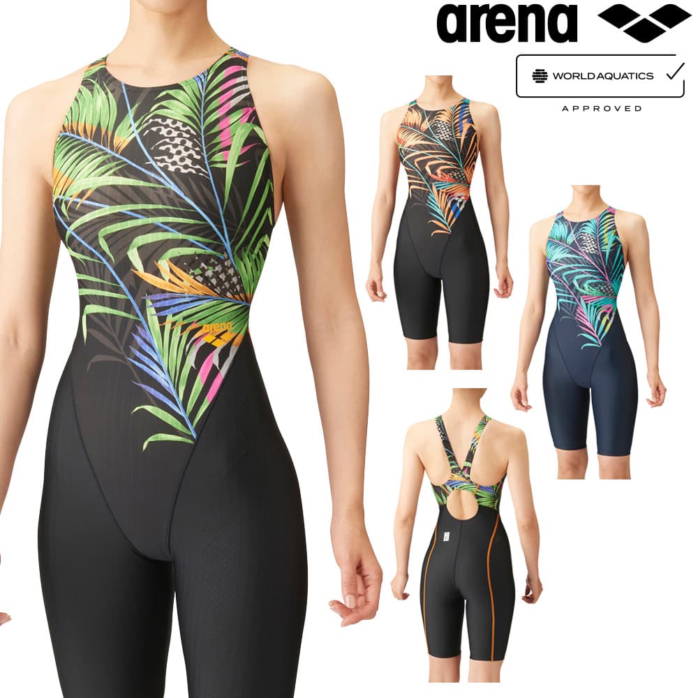 アリーナ ARENA 競泳水着 レディース WORLD AQUATICS承認 レーシングハーフスパッツ オープンバック オールインワン AQUA STRIPE-D 2024年春夏モデル ARN-4064W fina マーク あり