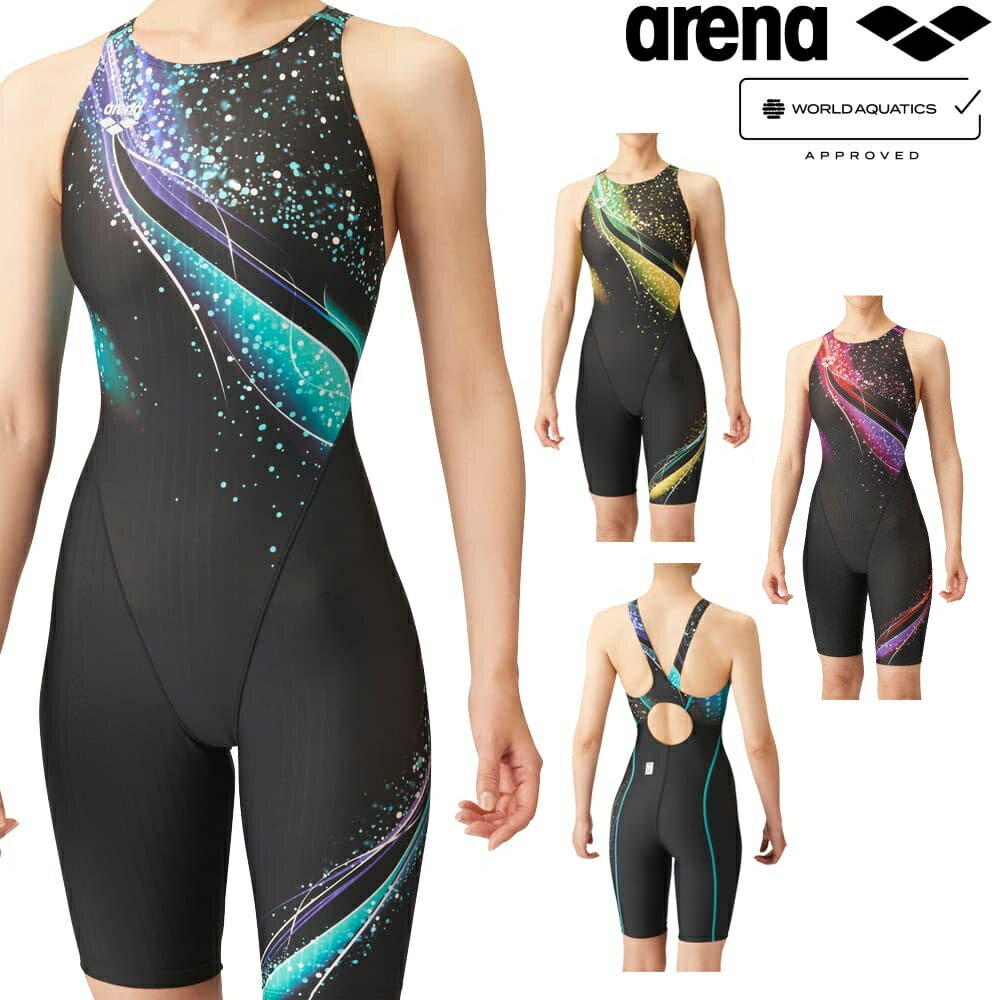 【店内商品3点以上でさらに3％OFFクーポン配布中】アリーナ ARENA 競泳水着 レディース WORLD AQUATICS承認 レーシングハーフスパッツ オープンバック オールインワン AQUA RACING AQUA STRIPE…