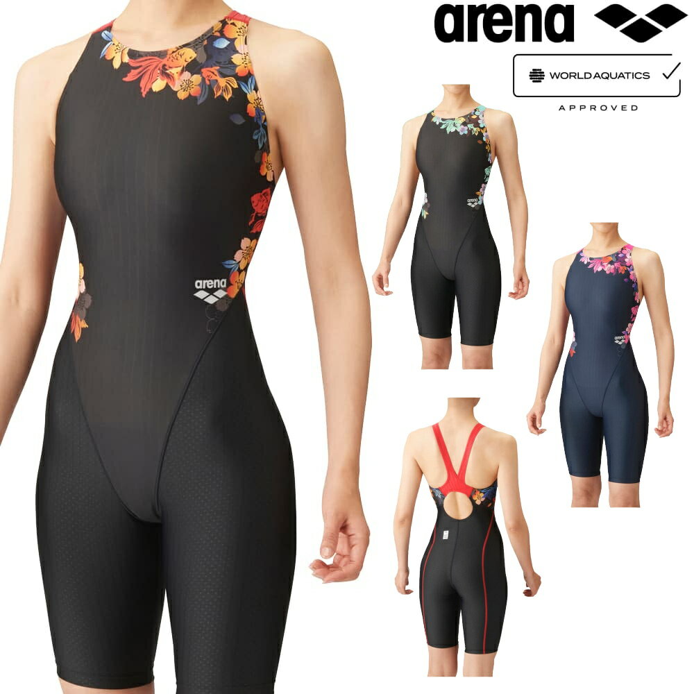 アリーナ ARENA 競泳水着 レディース WORLD AQUATICS承認 レーシングハーフスパッツ オープンバック オールインワン AQUA STRIPE-D 2024年春夏モデル ARN-4074W fina マーク あり