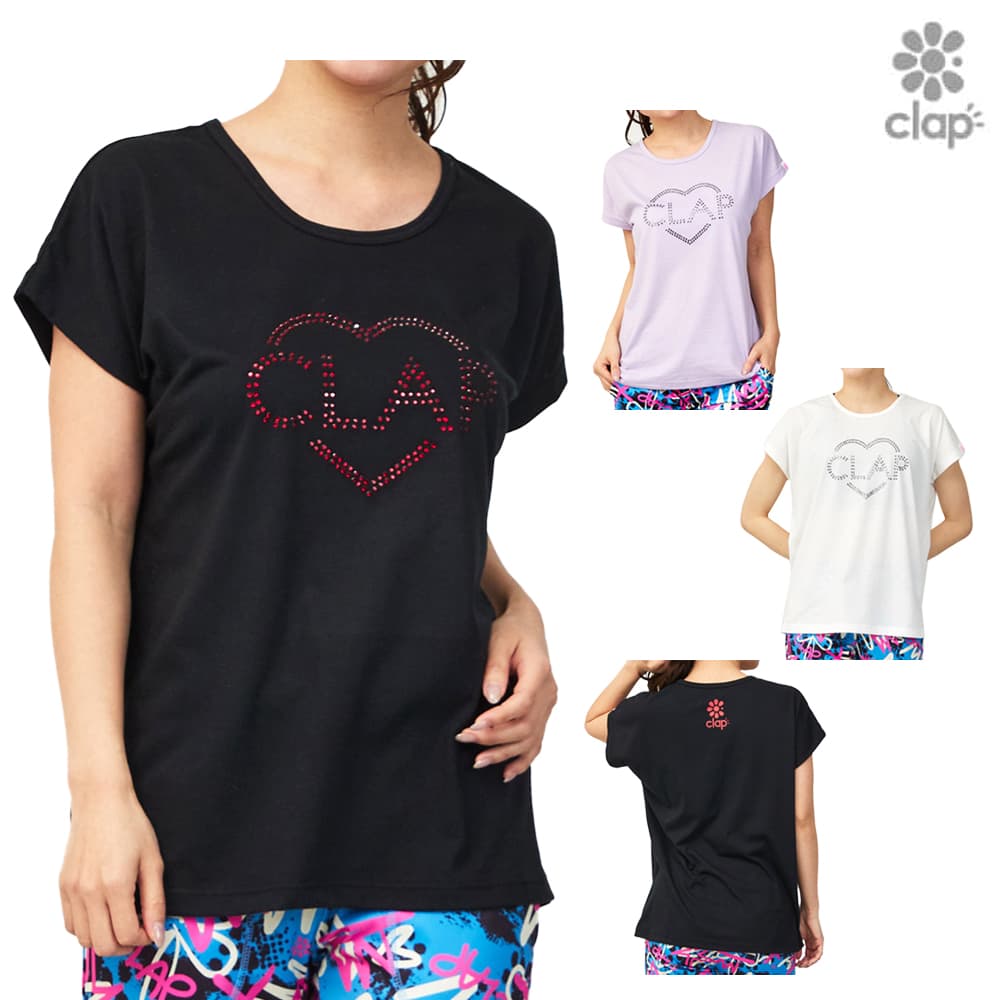 乐天商城 - クラップ CLAP ハートクラップ ラインストーン ドルマンエス レディース Tシャツ 半袖 スポーツアパレル トレーニング フィットネス 女性 CTS26033
