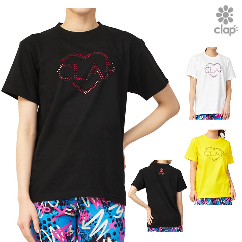 乐天商城 - クラップ CLAP ハートクラップ ラインストーン ティー レディース Tシャツ 半袖 スポーツアパレル トレーニング フィットネス 女性 CTS26034