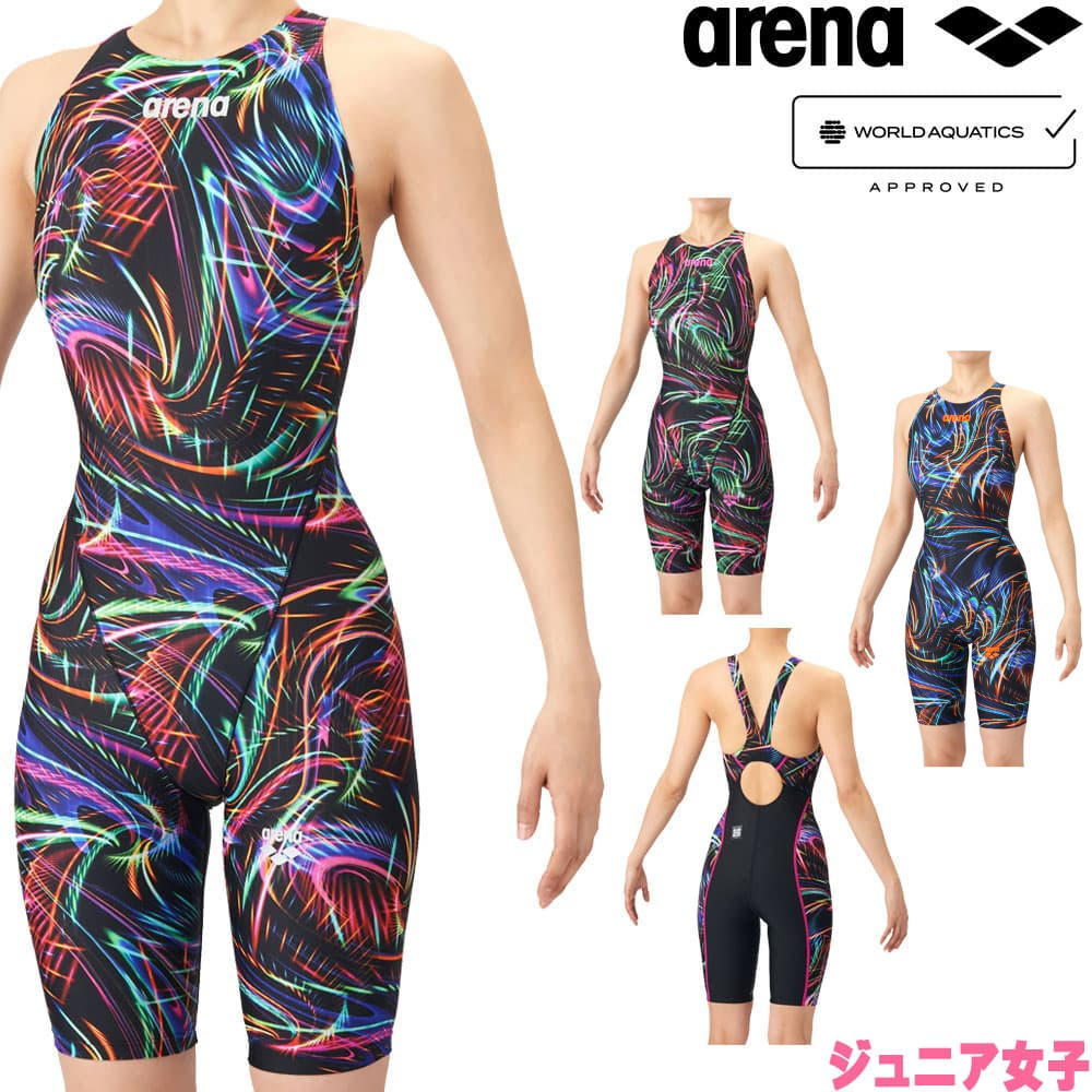 Rakuten - アリーナ ARENA 競泳水着 ジュニア女子 WA承認モデル AQUA RACING ECO AQUA STRIPE-D レーシングワンピーススパッツ オープンバック ハーフレッグ オールインワン 2026年春夏モデル AS6SRC76G fina マーク あり