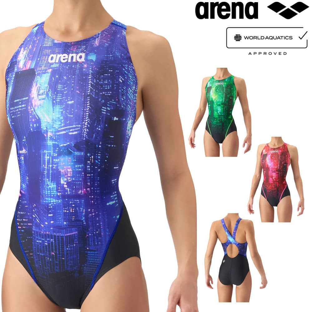 【店内商品3点以上でさらに3％OFFクーポン配布中】アリーナ ARENA 競泳水着 レディース WA承認モデル レーシングワンピース オープンバック AQUA RACING ECO AQUA STRIPE Urban Cities 2026年秋冬モデル AS6FRC71L fina マーク あり