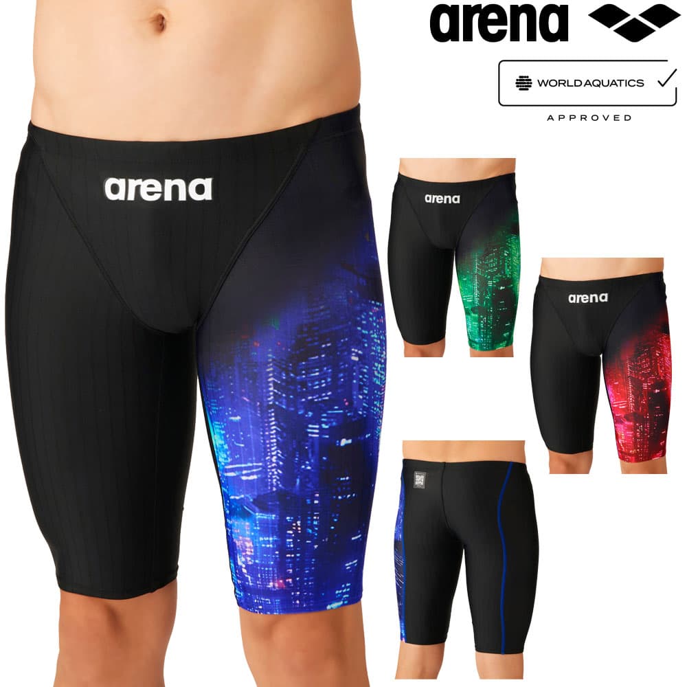 【店内商品3点以上でさらに3％OFFクーポン配布中】アリーナ ARENA 競泳水着 メンズ WA承認モデル レーシングスパッツ ハーフレッグ AQUA RACING ECO AQUA STRIPE Urban Cities 2026年秋冬モデル AS6FRC72M fina マーク あり