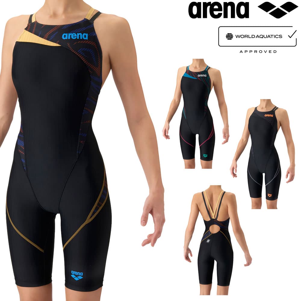 乐天商城 - アリーナ ARENA 競泳水着 レディース WA承認モデル レーシングワンピーススパッツ オープンバック ハーフレッグ ダブルストラップ オールインワン AQUA RACING ECO AQUA STRIPE 2026年秋冬先行モデル AS6FRC75L fina マーク あり