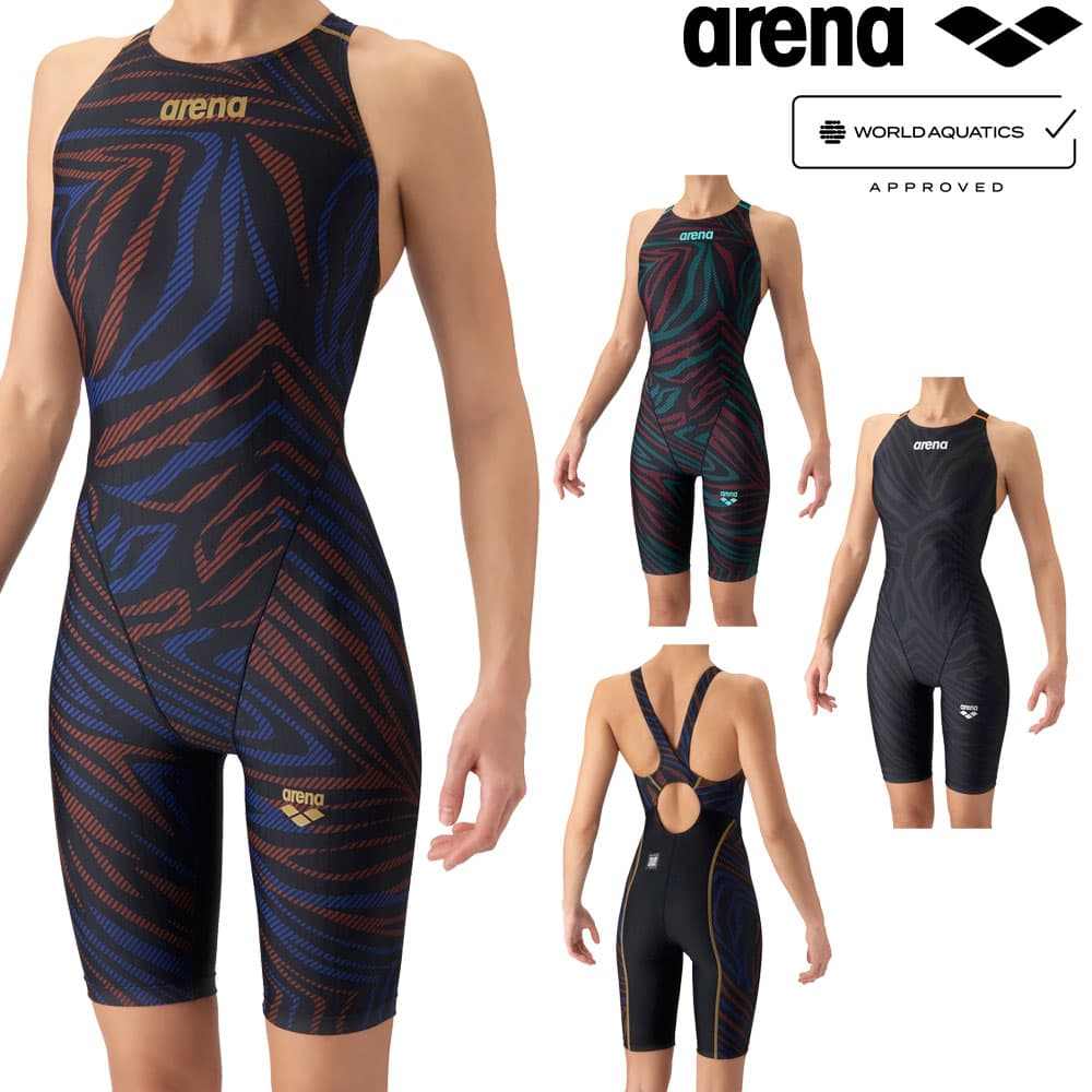 乐天商城 - アリーナ ARENA 競泳水着 レディース WA承認モデル レーシングワンピーススパッツ オープンバック ハーフレッグ オールインワン AQUA RACING ECO AQUA STRIPE 2026年秋冬先行モデル AS6FRC76L fina マーク あり