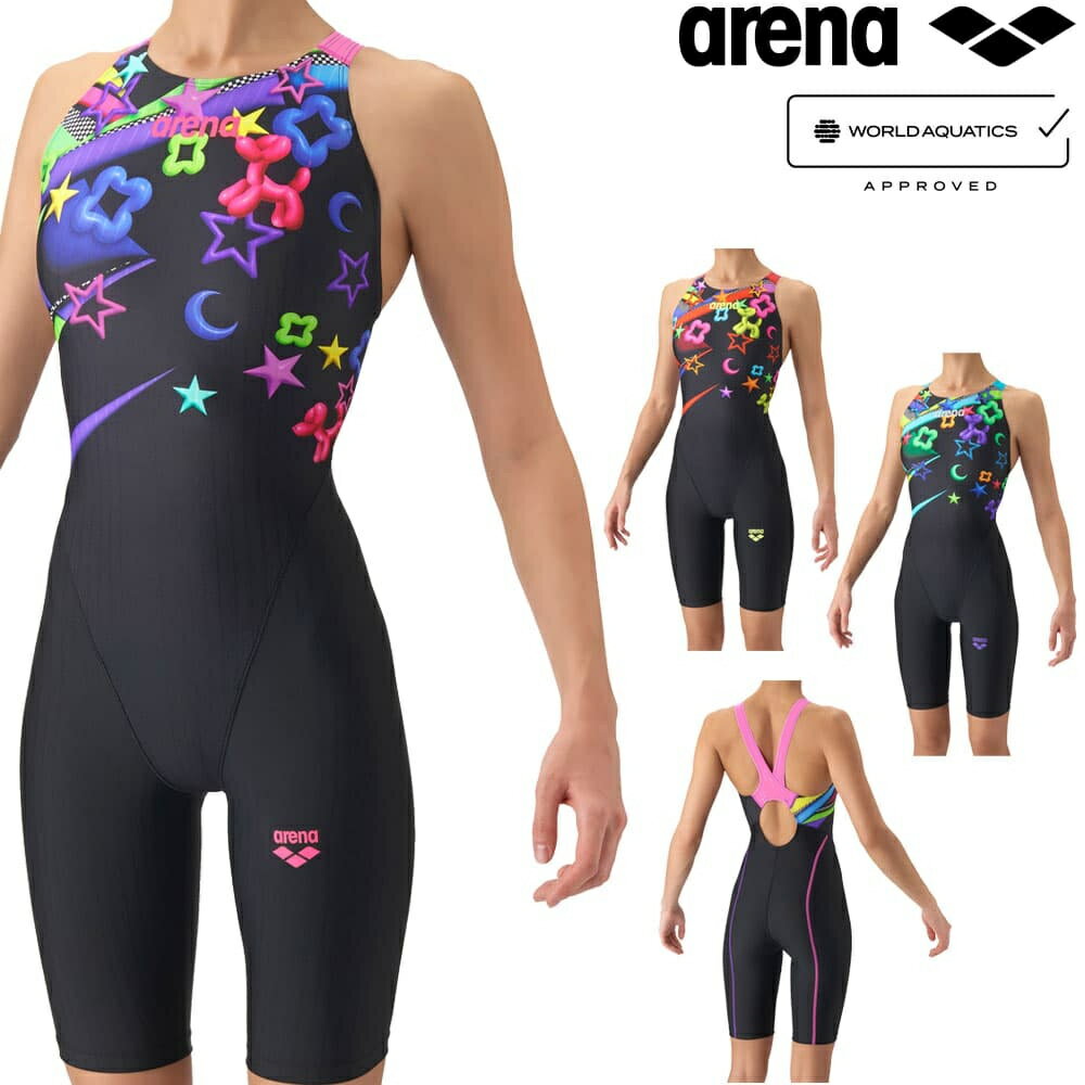 乐天商城 - アリーナ ARENA 競泳水着 レディース WA承認モデル レーシングワンピーススパッツ オープンバック ハーフレッグ オールインワン AQUA RACING ECO AQUA STRIPE 2026年秋冬先行モデル AS6FRC82L fina マーク あり
