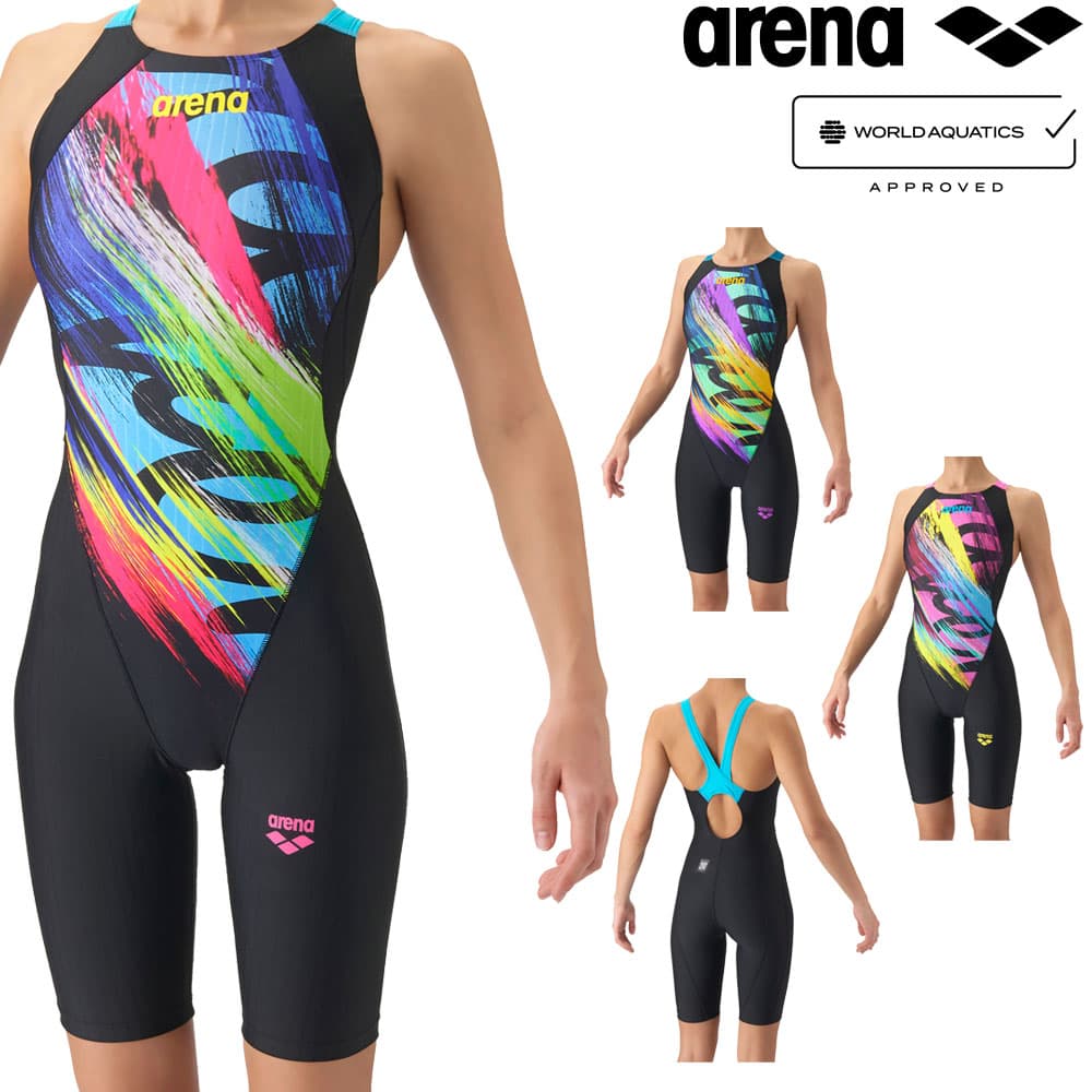 乐天商城 - アリーナ ARENA 競泳水着 レディース WA承認モデル レーシングワンピーススパッツ オープンバック ハーフレッグ オールインワン AQUA RACING ECO AQUA STRIPE 2026年秋冬先行モデル AS6FRC83L fina マーク あり