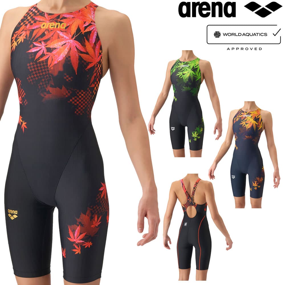 アリーナ ARENA 競泳水着 レディース WA承認モデル レーシングワンピーススパッツ オープンバック ハーフレッグ オールインワン AQUA RACING ECO AQUA STRIPE 2026年秋冬モデル AS6FRC84L fina マーク あり