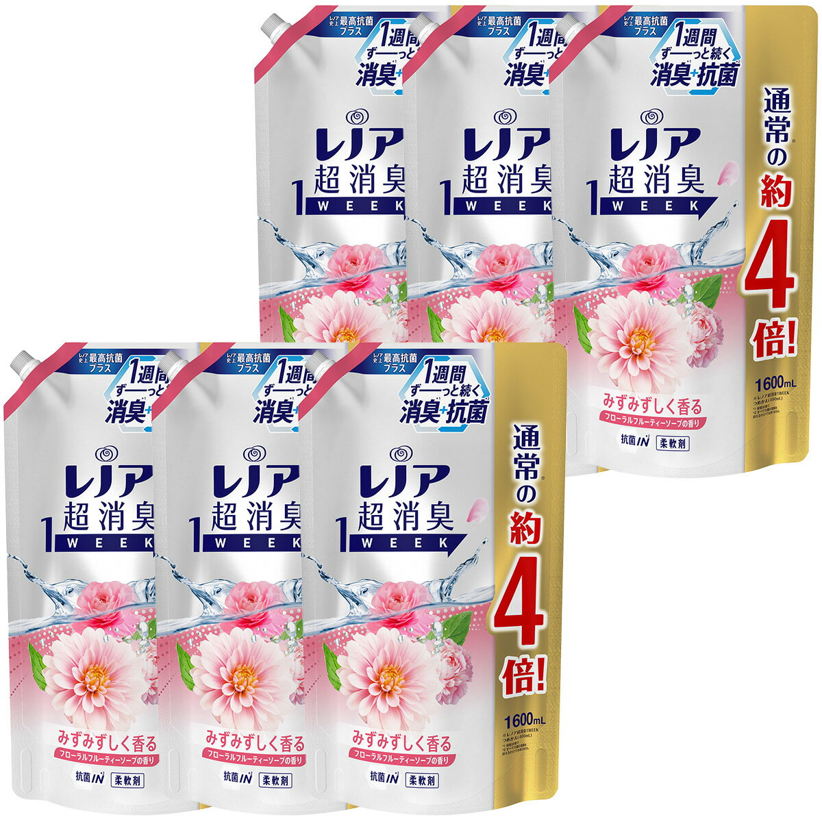 ［在庫限り特価］レノア超消臭1weekみずみずしく香るフローラルフルーティーソープつめかえ用超特大サイズ1600mL×6袋のサムネイル